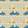 Cute dog ride on vehicle seamless pattern.