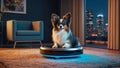 Cute dog, robot vacuum cleaner at home