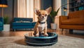 Cute dog, robot vacuum cleaner at home comfort