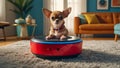 Cute dog, robot vacuum cleaner at home comfort looking