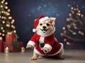 Cute dog with Santa Claus dressing is dancing and smiling