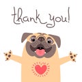 Cute dog says thank you. Pug with heart full of gratitude.