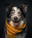 cute smiling Border Collie with scarf in a grey background, portrait created by generative AI technology