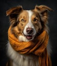 cute smiling Border Collie with scarf in a grey background, portrait created by generative AI technology