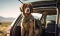 Cute dog sitting in car trunk with luggage for trip