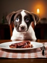 cute dog sitting at the dining table and eating a raw fresh meat closeup