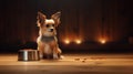 Cute dog sitting on the floor next to a bowl with dogfood in the house. Pets indoors. AI Generated Royalty Free Stock Photo