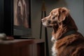 cute dog sitting in front of television, waiting for his favorite show to start