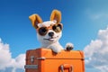 Cute dog sitting on orange suitcase. Travel, vacation concept. Generative AI Royalty Free Stock Photo