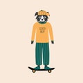 Cute dog on a skateboard in a cap vector illustration. Funny animal character for kids alphabet. The letter \