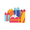 Cute dog sleeping on gift boxes, funny cartoon animal character at birthday party vector Illustration Royalty Free Stock Photo