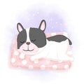 Cute dog sleeping on mattress hand drawn cartoon watercolor illustration Royalty Free Stock Photo