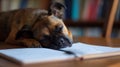 Cute Dog Sleeping after Studying. Dog Sleeping in her Notebook after Studying. AI Generative Royalty Free Stock Photo