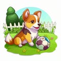 Cute dog with soccer ball in the garden, cartoon style. AI Generated