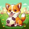 Cute dog with soccer ball in the garden, cartoon style. AI Generated