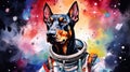 cute dog in space suit, funny doggy in spacesuit flying in cosmos Royalty Free Stock Photo