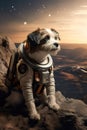 cute dog in space suit, funny doggy in spacesuit flying in cosmos Royalty Free Stock Photo