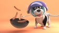 Cute dog in spacesuit on Mars cooks sausages on barbecue bbq, 3d illustration