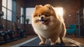 cute dog standing a treadmill inside gym