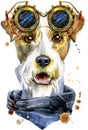 Watercolor portrait of airedale terrier dog with steampunk glasses