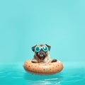 Cute dog with sunglasses in swimming donut. Summer vibes, holliday, vacation concept. Ai generative. Illustration