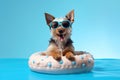 Cute dog with sunglasses in swimming donut. Summer vibes, holliday, vacation concept. Ai generative. Illustration