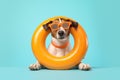 Cute dog with sunglasses in swimming donut. Summer vibes, holiday, vacation concept. Ai generative. Illustration
