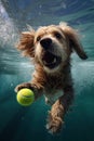 Cute dog swimming underwater in the pool with a tennis ball Royalty Free Stock Photo