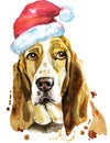 Watercolor portrait of basset hound with Santa hat