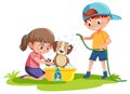 Cute dog take a bath with kids on white background Royalty Free Stock Photo