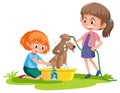 Cute dog take a bath with kids on white background Royalty Free Stock Photo