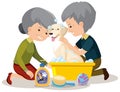 Cute dog take a bath with old couple owner on white background Royalty Free Stock Photo