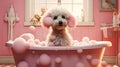 Cute dog taking bath in pink bathtub with pink balls Royalty Free Stock Photo