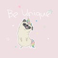 Cute dog with unicorn horn slogan.