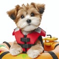 cute dog wear life vest and floatation device Isolated on solid white bright background. ai generative