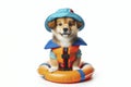 cute dog wear life vest and floatation device Isolated on solid white bright background. ai generative