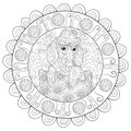 Adult coloring book,page a cute mandala with a dog wearing a hat on the pillow for relaxing.Zen art style illustration.