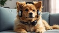 cute dog wearing headphones room relaxation resting friendly lovely