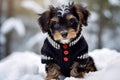 Cute dog wearing knitted black sweater in cold snow landscape