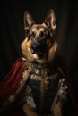 A cute dog wearing a regal dress. German Shepherd portrait in clothing. AI generated