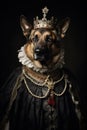 A cute dog wearing a regal dress. German Shepherd portrait in clothing. AI generated