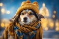 Cute dog wearing a scarf and warm hat. ai generative Royalty Free Stock Photo