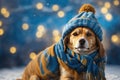 Cute dog wearing a scarf and warm hat. ai generative Royalty Free Stock Photo