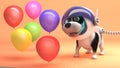 Cute dog wearing spacesuit on Mars watches party balloons floating, 3d illustration