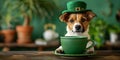 Cute dog wearing a St Patrick\'s Day hat popping out of a large green cup. Concept St Patrick\'s Day, Cute Dog, Green Cup, Dog Royalty Free Stock Photo