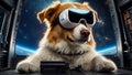 Cute dog wearing virtual reality glasses funny technology portrait confident