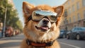 Cute dog wearing virtual reality glasses on the street games Royalty Free Stock Photo