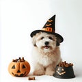 Cute dog in a witch hat with trick or treats for Halloween on a white background, spooky pumpkin, generative ai Royalty Free Stock Photo