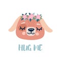 Cute dog with a wreath of flowers on his head. Spring character and lettering hug me