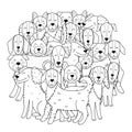 Cute dogs circle shape coloring page. Funny puppy characters mandala for coloring book